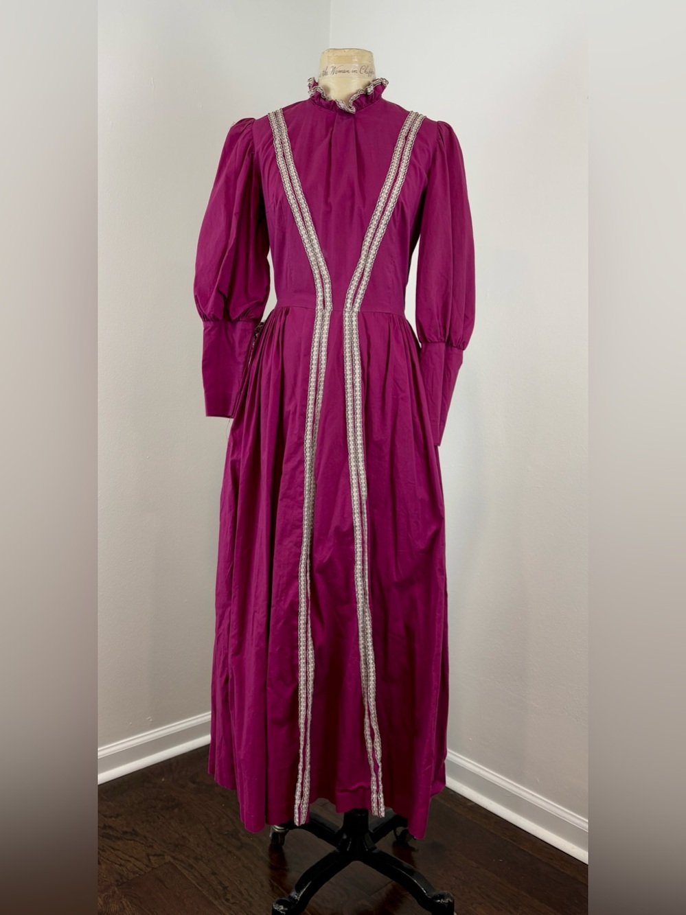 Vintage 1980s Victorian-Style Period Reenactment Fuchsia Long-Sleeve Maxi Dress